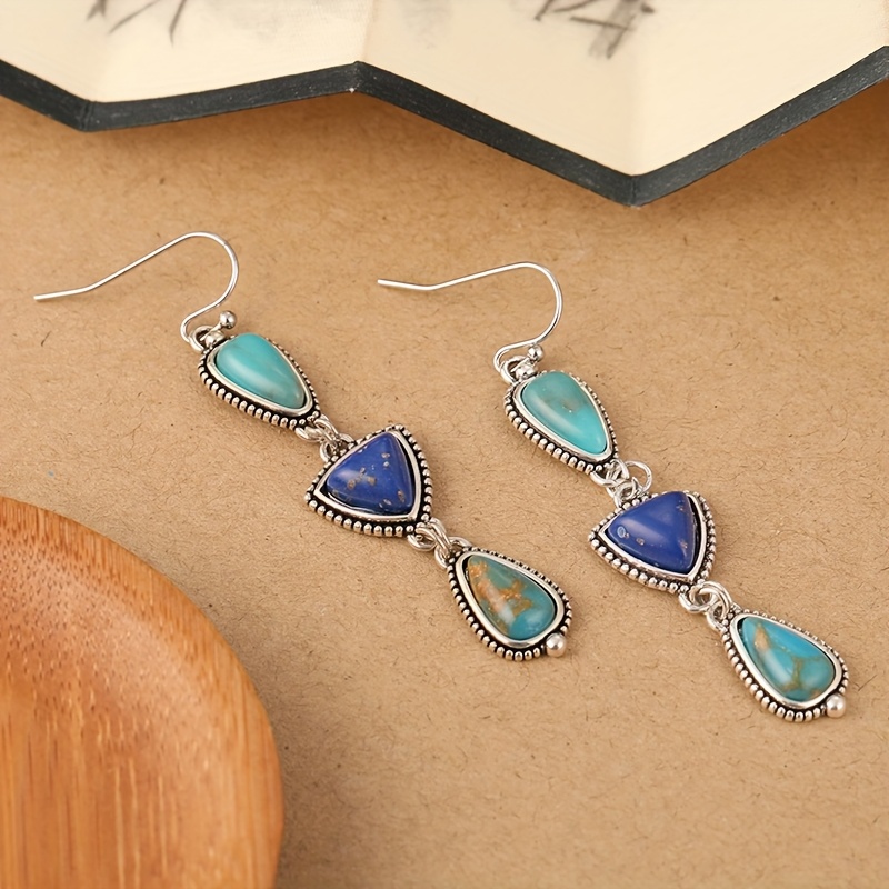 Boho Style Synthetic Lapis & Turquoise Dangle Earrings